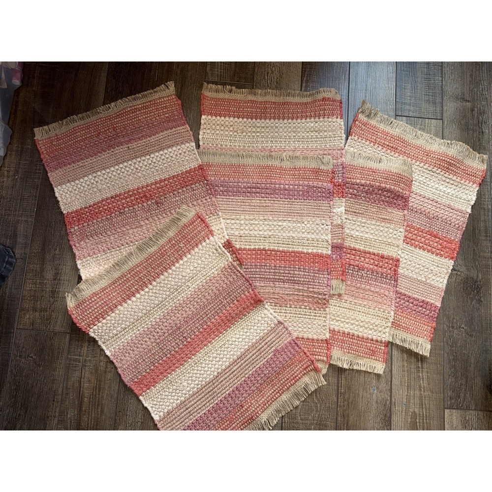 Set of 6 Woven Striped Placemats Pink Cream Boho Farmhouse Fringed Table Mats